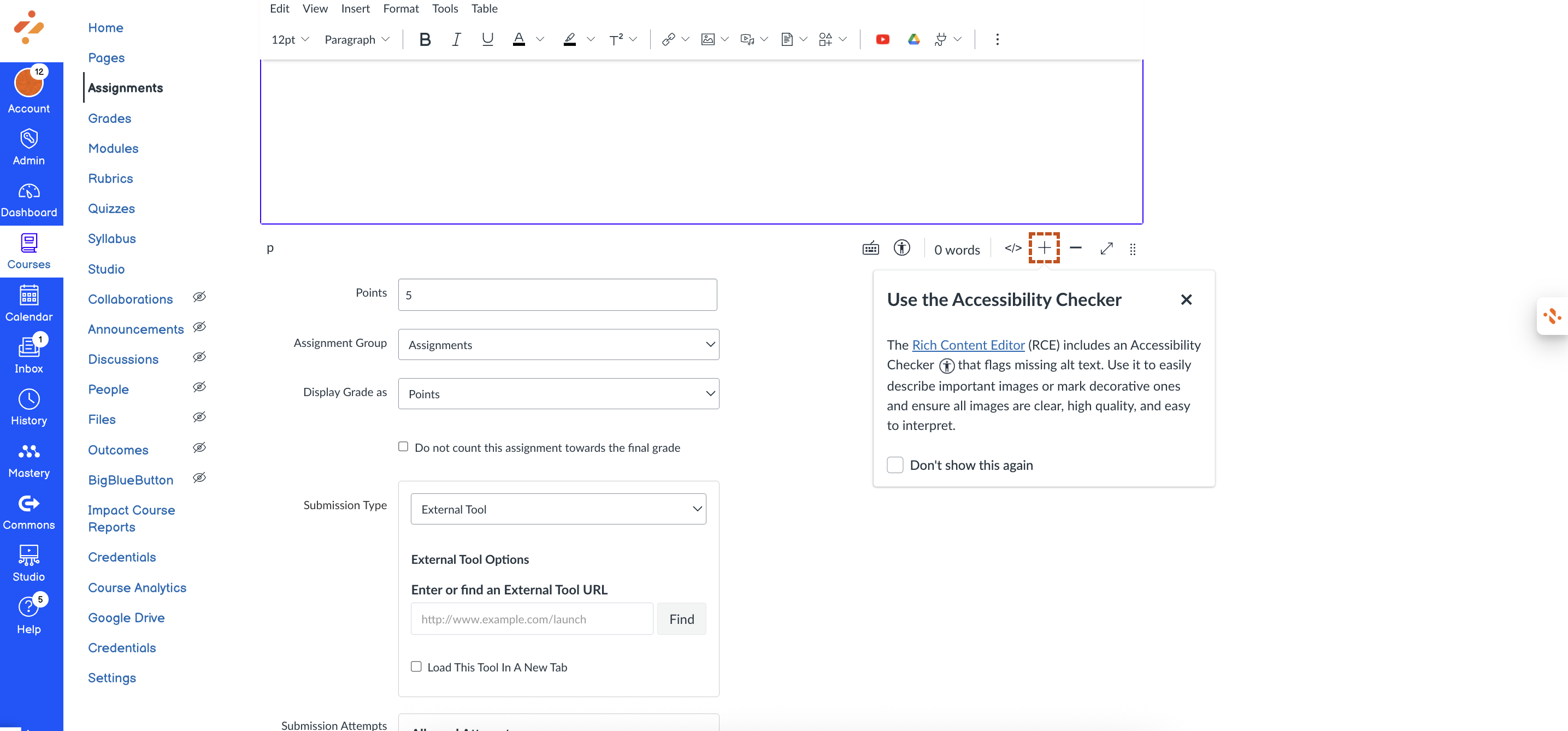 Example of a Hint Message on Accessibility Checker of the Rich Content Editor (RCE)